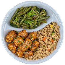 orange chicken over vegetable fried rice with green beans and brocolli