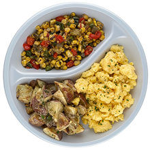 scrambled eggs, potatoes, and bean salad